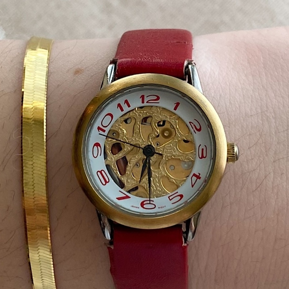 Vintage Timex with Exposed Golden Gears and Red Genuine Leather Band